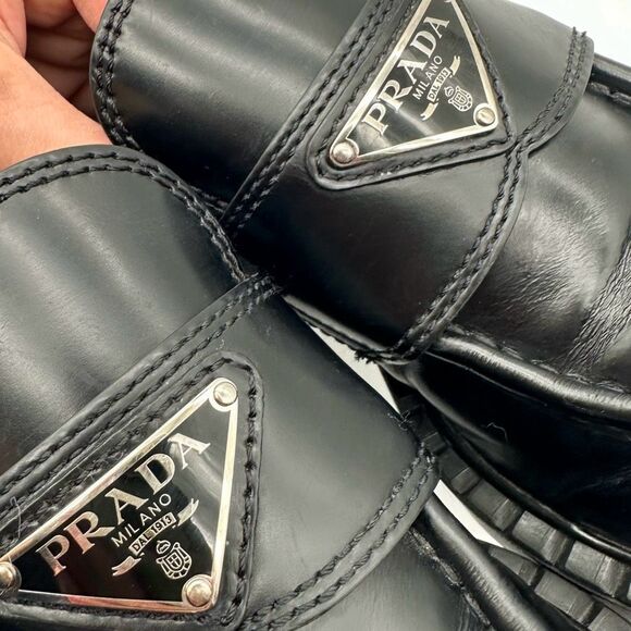 PRADA Black Lug Sole Loafer Size 37.5 Platform Monolith Leather Chunky Heel Logo - Picture 7 of 12